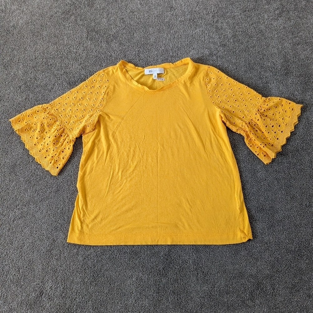 Fever Women's Eyelet Blouse Size Medium Golden Bell Sleeve Crew Neck